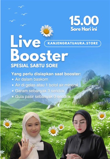 JOIN LIVE BOOSTER SPESIAL SORE HARI INI 🎉 Siap-siap ya sayang, hari ini akan ada sesi Booster spesial Sabtu Sore jam 15.00 jangan sampai terlewat ya sayang ✨ Yuk mampir ke live Kanjeng Ratu Aura Store sekarang! 🤗 #kanjengratuaura #kanjengratuaurastore #livebooster #booster