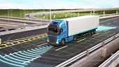 This video shows a self-driving semi truck navigating a highway lane....