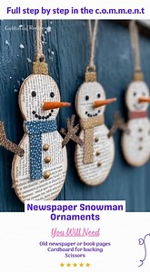 Newspaper Snowman Ornaments Ingredients: Old newspaper or book pages Cardboard for backing Scissors Glue stick Small buttons or black paper dots Orange paper for noses Brown or colored paper for scarves Twine or string for hanging Directions: Cut out snowman shapes from cardboard and cover the front with glued newspaper strips or book pages. Add small circles for eyes and buttons, and a tiny triangle nose. Cut a paper scarf and glue it around the neck for a cozy touch. Punch a hole at the top, t
