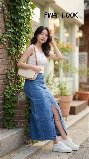 White Tank Top & Denim Skirt Outfit Ideas 💙 Casual Summer Street Style Lookbook#shorts
