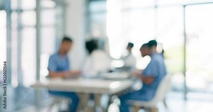 Meeting, healthcare and doctors in blurred background for teamwork, collaboration and hospital workflow. Documents, planning and medical group of people and nurses in office or workplace for research