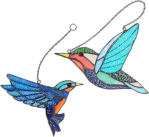 2PCS Glass Birds Window Hangings, Hummingbird Glass Window Hangings with Hook, Bird Suncatcher, Window Decor Hummingbird Gifts for Bird Lovers
