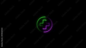 Neon Medical cross round button. Add icon. Addition sign. Medical Plus icon. Medical symbol of emergency help.