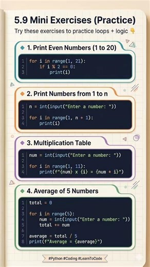 "Level up your Python loops! 4 mini exercises to practice even numbers, tables & more 🚀". #python