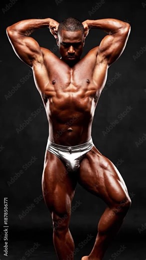 Muscular male bodybuilder posing, flexing biceps and showing defined physique in silver briefs