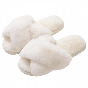 Litfun Women's Fuzzy Slippers Open Toe Cross Band Slippers Memory Foam House Slippers for Women, White