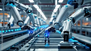 video of contemporary factory setting, white industrial robotic arms operate along an automated production line, assembling lithium-ion battery packs essential for electric vehicle manufacturing.