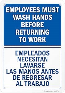 SmartSign 10 x 7 inch “Employees Must Wash Hands Before Returning To Work” Office Bathroom Bilingual Sign, 55 mil HDPE Plastic, Blue and White, Made in USA