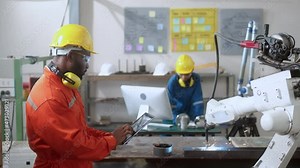 diversity multiethnic engineer is working at a factory and checking welding robotics arm with cpmputer and tablet.Manager engineer check and control automation robot arms machine in warehouse