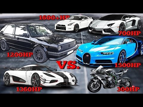 VW Golf 1200HP vs Bugatti Chiron, Koenigsegg One, Kawasaki H2R Tacho Comparison 2017