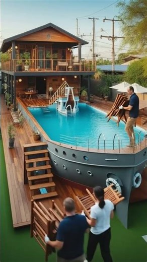 Workers construct massive ship pool #shorts #amazing #pooldesign #shortfeed