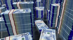 Azerbaijan money Azerbaijani Manat money notes packs loop. 3D flight over 200 AZN banknotes stacks towers. Loopable seamless abstract background concept of business, economy crisis and finance.