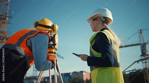 Construction Worker Using Theodolite Surveying Optical Instrument for Measuring Angles in Horizontal and Vertical Planes on Construction Site. Engineer and Architect Using Tablet Next to Surveyor.