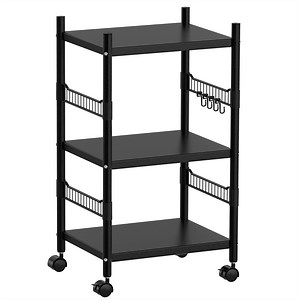 3-Tier Kitchen Rolling Cart, Utility Shelf Microwave Stand Storage Cart, Kitchen Baker's Rack with 4 Universal Wheels and 4 Removable Hooks, Workstation Shelf 3-Tier Kitchen