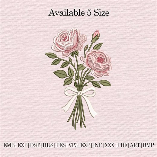 Rose Bouquet Embroidery Design, Pink Rose Floral Machine Embroidery File, Romantic Flower Bouquet Stitch Pattern, Vintage Rose Embroidery - Etsy