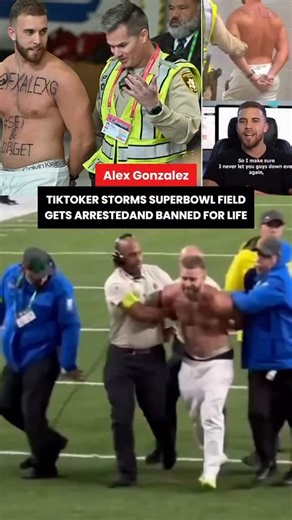 Sinbad Sports on Instagram: "Alex Gonzalez Super Bowl streaker arrested after field invasion 2026 is the viral moment of Super Bowl LX after the “millionaire day trader” disrupted the game at Levi’s Stadium. This Alex Gonzalez Super Bowl streaker arrested after field invasion 2026 update details the fourth-quarter stunt that led to the New England Patriots’ Kyle Williams tackling the intruder near the 10-yard line. Alex Gonzalez, popularly known as “Alex G” or the “Dunkin’ Donuts millionaire,” i