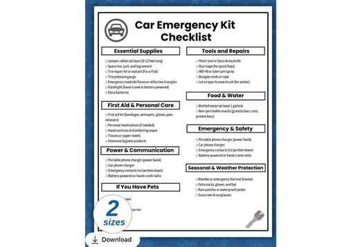 Car Emergency Kit List Printable, Vehicle Emergency Kit Checklist Template, Road Trip Emergency Kit Checklist, Car Safety Kit DIY Template - Etsy