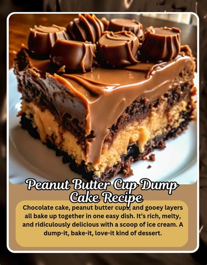 🍫 Peanut Butter Cup Dump Cake (Layered, gooey, and loaded with chocolate-peanut butter goodness!) 📝 Ingredients: 1 box chocolate fudge cake mix 1/2 cup (1 stick) melted butter 1 (14 oz) can sweetened condensed milk 1/2 cup creamy peanut butter 1 cup mini peanut butter cups (chopped, plus extra for topping) 1 cup chocolate chips 1 (8 oz) tub whipped topping (thawed) 1 (8 oz) package cream cheese, softened 👩‍🍳 Instructions: Preheat oven to 350°F (175°C) and lightly grease a 9x13" baking dish. 