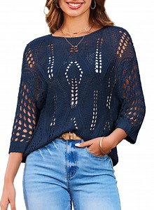 DOKOTOO Women's Crochet Tops Summer 3/4 Sleeve Crew Neck Hollow Out Bathing Suit Cover Up for Women