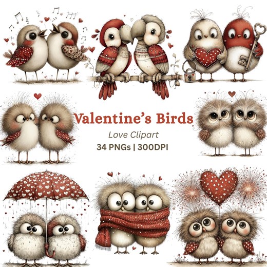 34 Valentine Love Birds Clipart PNG, Whimsical Bird Couples With Hearts Graphics Bundle - Etsy Australia