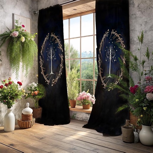 Lord of the Rings Curtains, Elven Script Window Drapes, Dark Blue and Gold Fantasy Wall Curtains, Teen Room Curtains - Etsy