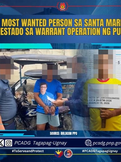 MOST WANTED PERSON SA SANTA MARIA, ARESTADO SA WARRANT OPERATION NG PULISYA! Camp General Alejo S Santos, Lungsod ng Malolos, Bulacan — Naaresto ng mga operatiba ng pulisya ang isang lalaki na kabilang sa Most Wanted Person matapos ang matagumpay na implementasyon ng warrant of arrest noong Marso 15, 2026 bandang alas-11:00 ng umaga sa Brgy. Tumana, Santa Maria, Bulacan. Sa ulat ni PLTCOL MARK LOUIE M SIGUA, Hepe ng Santa Maria Municipal Police Station (MPS), kinilala ang naaresto na si alias “D