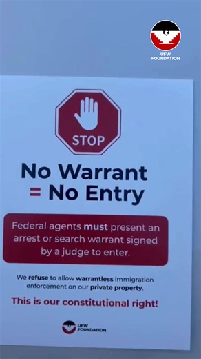 🚨 Free download! Share widely. Knowledge is power. ✊ With ICE activity escalating across the U.S., knowing your rights can protect you and your community. Our “No Warrant = No Entry” notices explain what to do if immigration agents approach your residence or business, with a QR code linking to local Rapid Response Networks and trusted immigration legal service providers. Download it at the link in our bio: ufwfoundation.org/right/no-warrant-no-entry. #KnowYourRights #ImmigrantJustice #RapidResp