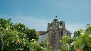 View of the church and bell tower, Santa Maria in Portuguese Faro, old town, through ripe orange trees.