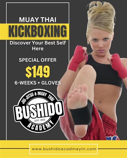 Your best self isn’t found… it’s built. 🥊 Muay Thai Kickboxing helps you sculpt your body, sharpen your mind, and release stress in the most empowering way possible. If you want real results — in a supportive, fun, beginner-friendly environment — this is for you. Send us a message or comment “INFO” to grab the $149 6-Week Program! Learn More: https://bushidoacademytn.com/muay-thai-fitness-376988
