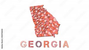 Georgia map with paper regions. Animated US state map growing from regions and title letters falling down. Astonishing 4K animation.