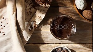 Cozy scene with hot chocolate, cocoa beans, and powder on a wooden table, bathed in sunlight