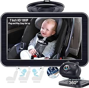DoHonest Baby Car Camera 7-Inch: USB Plug and Play Easy Setup 360 Degree Rotating Backseat Camera Two Kids HD 1080P Rear Facing Car Seat Cameras Clear Night Vision -V9
