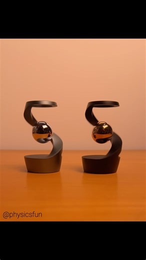 Luna Kinetic Illusion Sculptures: precision machined and crafted, these kinetic desk toys exhibit a helical motion illusion in which a metal sphere seemingly defies gravity as a coil spins around it. An astonishing design by Kristoph Krisjans and the @mezmoglobe team and made possible by a recently completed Kickstarter campaign- I recently received these two variations. ➡️ Follow the link in my profile for info on where to get this device and other amazing items featured here in @physicsfun #ph