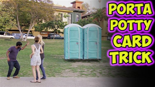 Magician performs an impossible card trick inside a porta potty