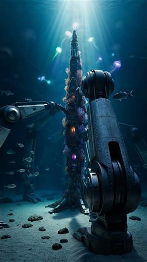 Futuristic mechanical structure submerged underwater.