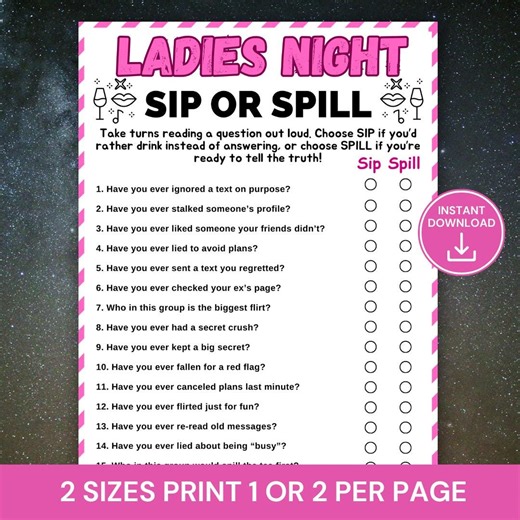 Ladies Night Sip or Spill Game Printable, Girls Night Drinking Game, Bachelorette Party Game, Fun Ladies Night Party Activity for Adults - Etsy
