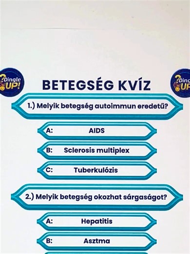 Betegség Kvíz - Részleteket lásd a leírásban! #disease #greysanatomy #betegség #quiz #kvíz #quiztime . Melyik betegség autoimmun eredetű? Helyes válasz: Sclerosis multiplex Magyarázat: Az immunrendszer tévesen az idegrostok védő mielinhüvelyét támadja meg. Melyik betegség okozhat sárgaságot? Helyes válasz: Írd meg kommentbe! Magyarázat: Az a betegség megzavarja a bilirubin lebontását, ami a bőr besárgulásához vezet. Melyik betegség járhat inzulinhiánnyal? Helyes válasz: Cukorbetegség Magyarázat: