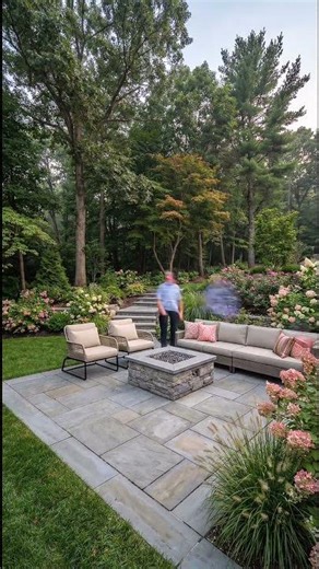 Forest Backyard Fire Pit Makeover at Dusk 🔥 Patio Build + Glowing Steps + Dream Lighting