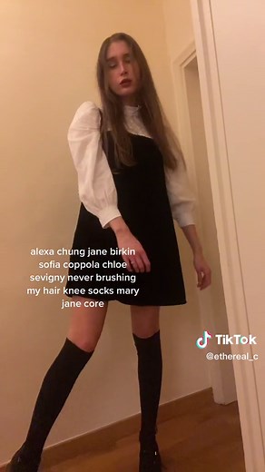 wearing mary jane shoes with knee socks and a little black dress just instantly gives alexa, also this is for all my messy hair girls 🧸 #pinterestaesthetic #etherealcoolgirl #etherealcoolgirlstyle #itgirlaesthetic #alexachungstyle #sofiacoppolastyle #maryjanes #zarashoes