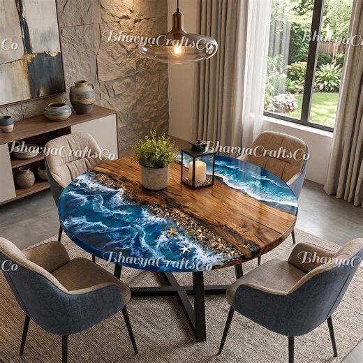 Large Round Ocean Resin Dining Table - Live Edge Wood Sea Wave Art Table - Coastal Beach Decor - Handmade Luxury Furniture - Etsy