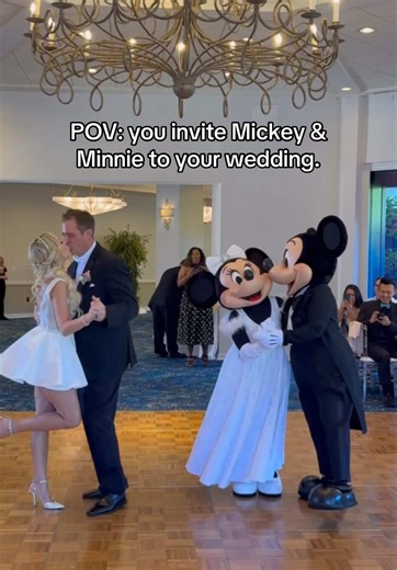 Dancing with Minnie & Mickey at our wedding reception is something we will never forget! ✨ @Disney Weddings #disneyweddings #wedding #viral #disneyland #bride