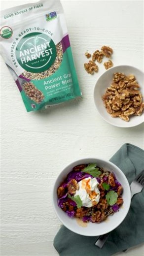 4.7K views · 24 reactions | All of your favorite breakfast ingredients together in one hearty and delicious breakfast bowl! Ancient Harvest quinoa, cabbage, toasted walnuts, poached egg, cilantro, and hot sauce make up this tasty dish. MyPlate | California Walnuts | Facebook