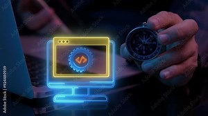 Business development, process of planning for future growth by identifying new opportunities, forming partnerships, and adding value to a company. Animated development icon on virtual screen.