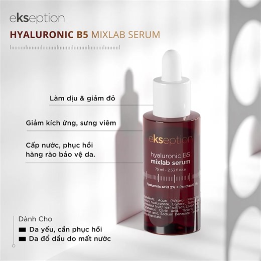 EKSEPTION X THS.BS NGUYỄN THỊ MAI DUNG | SERUM HYALURONIC B5 EKSEPTION PHÙ HỢP TÌNH TRẠNG DA NÀO? 💬“Hyaluronic B5 Mixlab Serum thích hợp sử dụng cho những tình trạng da đang bị tổn thương như: da mụn, da sau peel, da sau Fractional, Vi kim,... hoặc da sau các liệu trình xâm lấn khác. Sản phẩm giúp đẩy nhanh quá trình lành thương và phục hồi da sau điều trị” - Chia sẻ từ ThS.BS Nguyễn Thị Mai Dung 💡Hyaluronic B5 Mixlab Serum chứa công thức kết hợp hoàn hảo giữa 5% Panthenol (B5) và chiết xuất 4