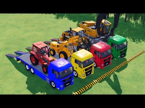 TRANSPORTING RED TRACTOR & EXCAVATOR, LOADER YELLOW LOADER ON COLORFUL TRUCK! 🏁