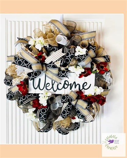 Farmhouse Front Door Wreath: Deco Mesh, Hydrangeas, Poppies, Welcome Sign