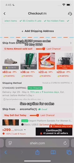 Shein Promo Codes that works in May 1️⃣ 👗 25% Off — SHEIN25 Works on some items depending on the cart. 2️⃣ ⭐ $750 SHEIN Credit — once per account ⭐ Found this on sheinx.store Details about this one has already been posted on my profile as a pinned video. 3️⃣ 🔥 40% Off — STYLE40 Works best on bigger orders. Worth trying first. 4️⃣ ⚡ 30% Off — TREND30 Backup code if needed. #shein #sheincodesforyou #fypviral #shopping