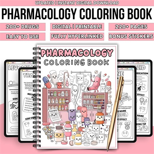 Nursing Pharmacology Coloring Book | 200  Drugs | 220  Page Hyperlinked PDF | Exam Prep Study Guide | Digital Download - Etsy