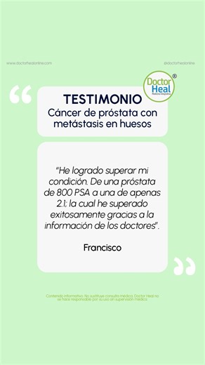 Plataforma Doctorhealonline on Instagram: "Hace 6 meses, Francisco recibió un diagnóstico difícil: cáncer de próstata con metástasis ósea. En busca de un enfoque diferente, llegó a nuestra plataforma y comenzó un protocolo integrativo personalizado bajo la guía del Dr. Freddy Reyes. Tras evaluar su situación, se le indicó un plan que incluía: 🌿 Toma de adaptógenos. 🥦 Cambios específicos en su alimentación. 🌍 Prácticas como el grounding para regular el eje mente-cuerpo. ¿El resultado? Su PSA,