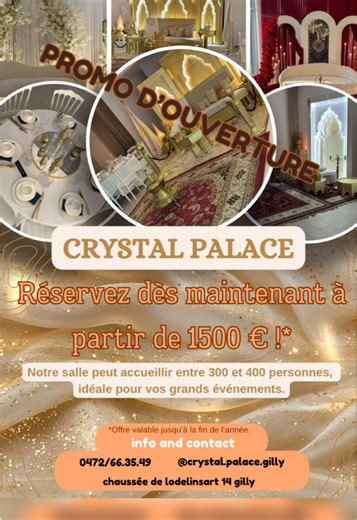 🎉 Lancement de Notre Salle d’Événements ! 🎉 Nous sommes ravis de vous présenter notre toute nouvelle salle, parfaite pour accueillir vos événements spéciaux ! Avec une capacité de 300 à 400 personnes, cette salle élégante est équipée de tout le nécessaire pour faire de votre célébration un moment inoubliable. **Réservez dès maintenant à partir de 1500 €, incluant : \t•\tTables et chaises \t•\tUn trône de la mariée \t•\tDécoration personnalisée Service Traiteur : Un service traiteur est égaleme